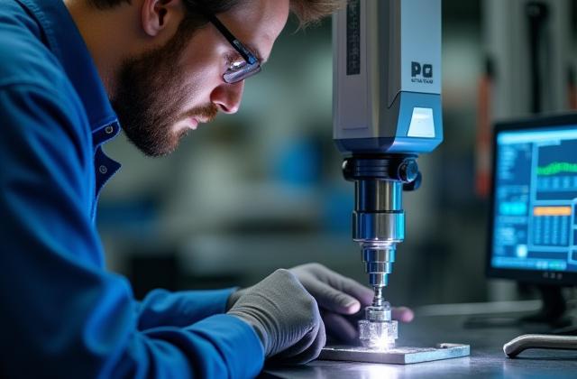 Techniker führt eine Qualitätsprüfung an einem Metallteil durch